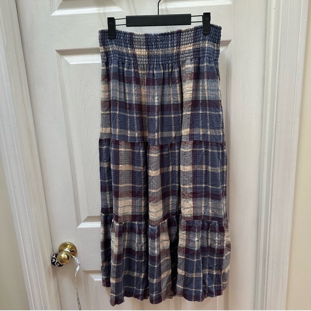 MARINE LAYER Chloe Smocked Midi Skirt Dusty Blue Plaid New With Tags - Picture 2 of 2